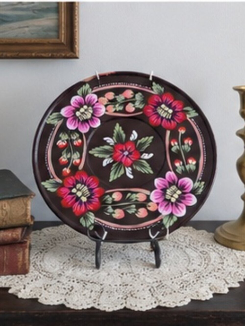 Hand-Painted Floral Wooden Plate | Folk Art Wall Decor (22cm)